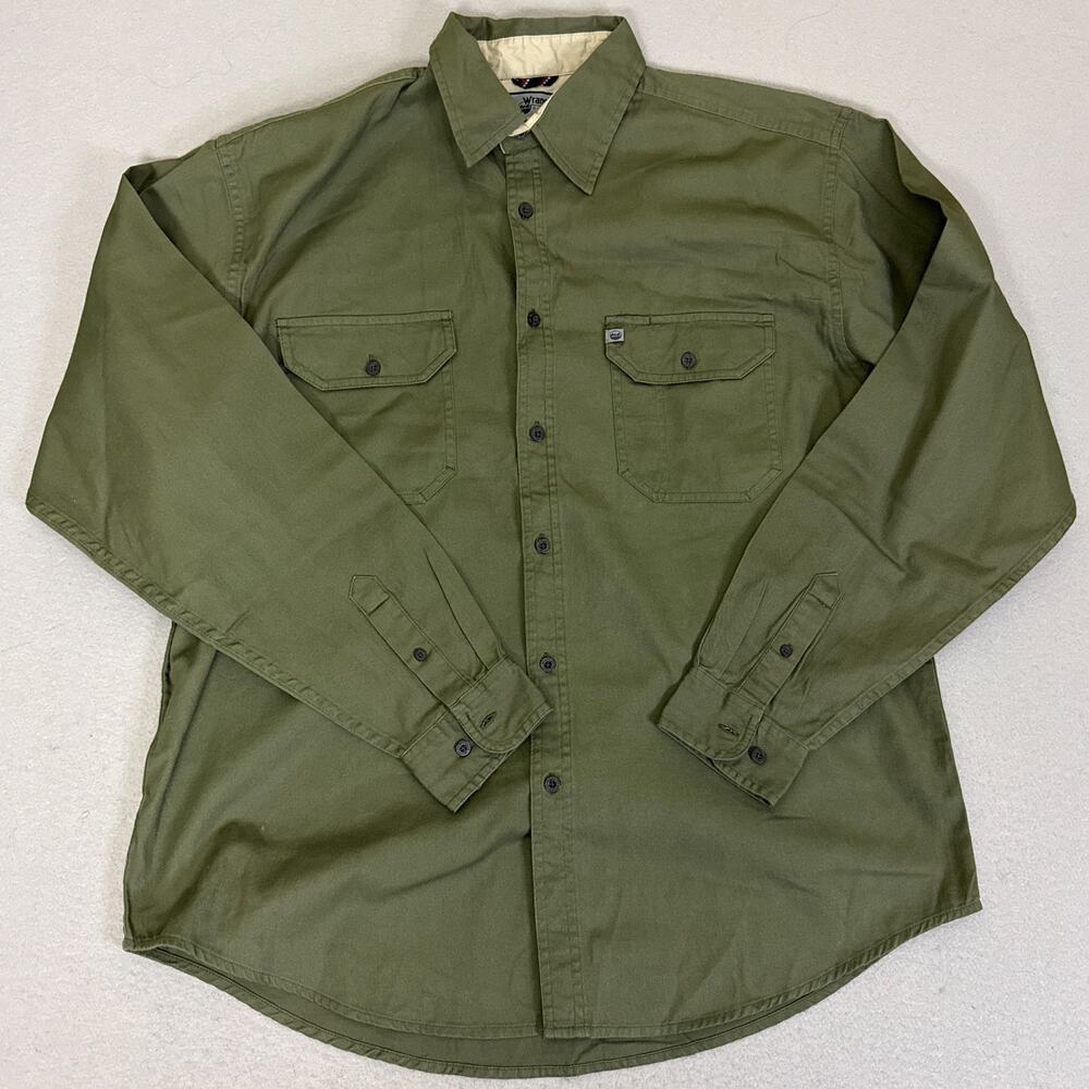 Wrangler Outdoor Shirt Mens L Olive Green Long Sleeve Button Up 100% Cotton